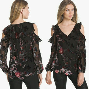 WHBM Floral Velvet Burnout Cold-Shoulder Blouse 6